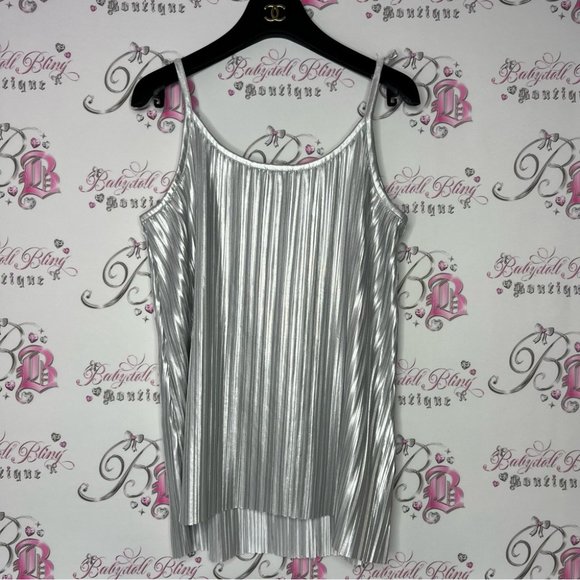 H&M pleated tank top ribbon tie straps silver shiny metallic disco πͺ© style - Picture 10 of 10
